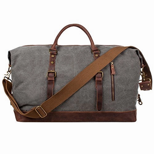 S-Zone Oversized Canvas Genuine Leather Trim Travel Tote Duffel Shoulder Handbag Weekend Bag Grab Save Today