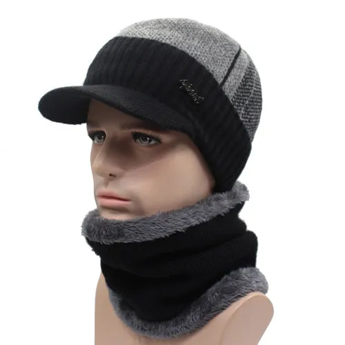 Save Today Only Winter Knitted Beanie Cap With Collar Scarf For Men - Black,Gray,Navy