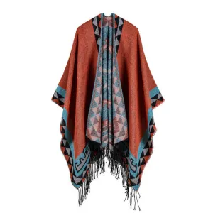 Save Today Event Perfect Gift Sale Women'S Rhombus Design Fashion Winter Poncho Scarf With Tassel