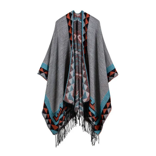 Hot Sale Today Women'S Rhombus Design Fashion Winter Poncho Scarf With Tassel