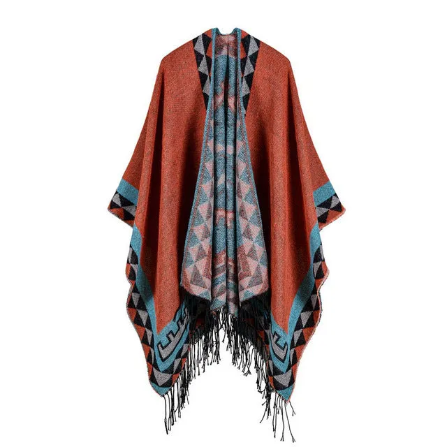 Save Today Event Perfect Gift Sale Women'S Rhombus Design Fashion Winter Poncho Scarf With Tassel