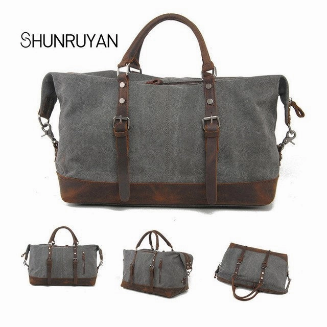 Instant Savings Inside Shunruyan Canvas Cow Leather Men Travel Bags Carry On Luggage Bags Men Duffel Bags Travel Tote