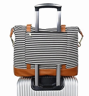 Today Only Hot Pick Grab It Fast Women Ladies Canvas Weekender Bag Overnight Carry-On Tote Duffel In Trolley Handle (Black Stripe)