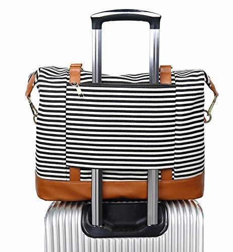 Today Only Hot Pick Grab It Fast Women Ladies Canvas Weekender Bag Overnight Carry-On Tote Duffel In Trolley Handle (Black Stripe)