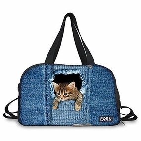 Hugsidea Funny Pet Cat Head Patteran Outdoor Travel Duffel Batg Jeans Blue Sport Handbag For Women Special Savings Today Hot Deals Today