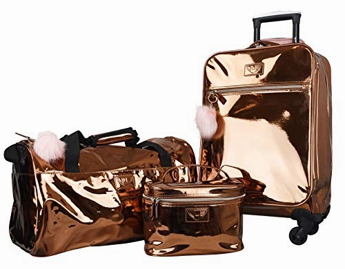 Vue Metallic Lightweight Spinner Carry On Luggage 3Pc Carry On Set W/ 22" Luggage, Duffel Bag & Cosmetic Bag (Rose Gold) Mega Online Discount