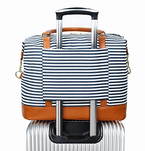 Women Ladies Canvas Weekender Bag Overnight Carry-On Tote Duffel In Trolley Handle (Blue Stripe) Today Only Hot Sale Hot Pick Deal