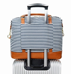 Women Ladies Canvas Weekender Bag Overnight Carry-On Tote Duffel In Trolley Handle (Blue Stripe) Today Only Hot Sale Hot Pick Deal