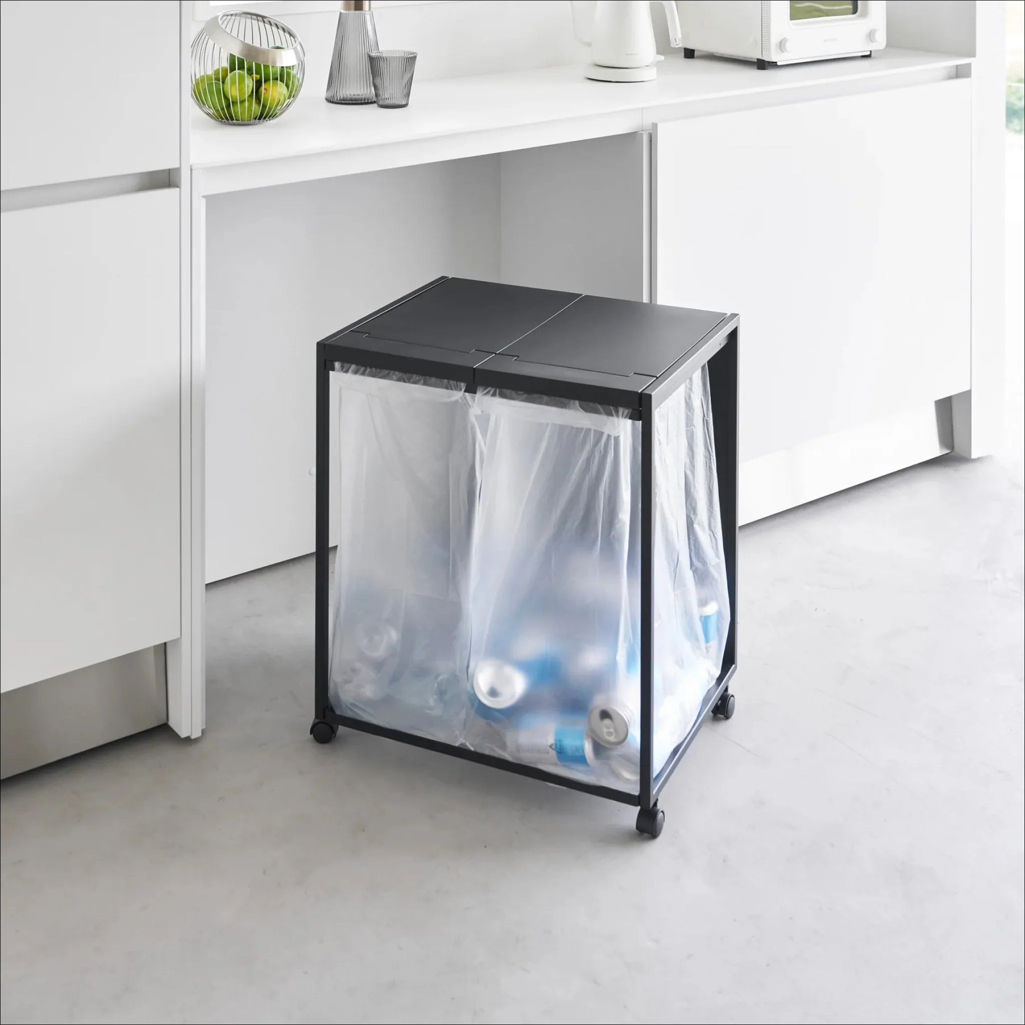 YAMAZAKI Tower 2 Compartment Rubbish/Recycling Bin w/Wheels, Black