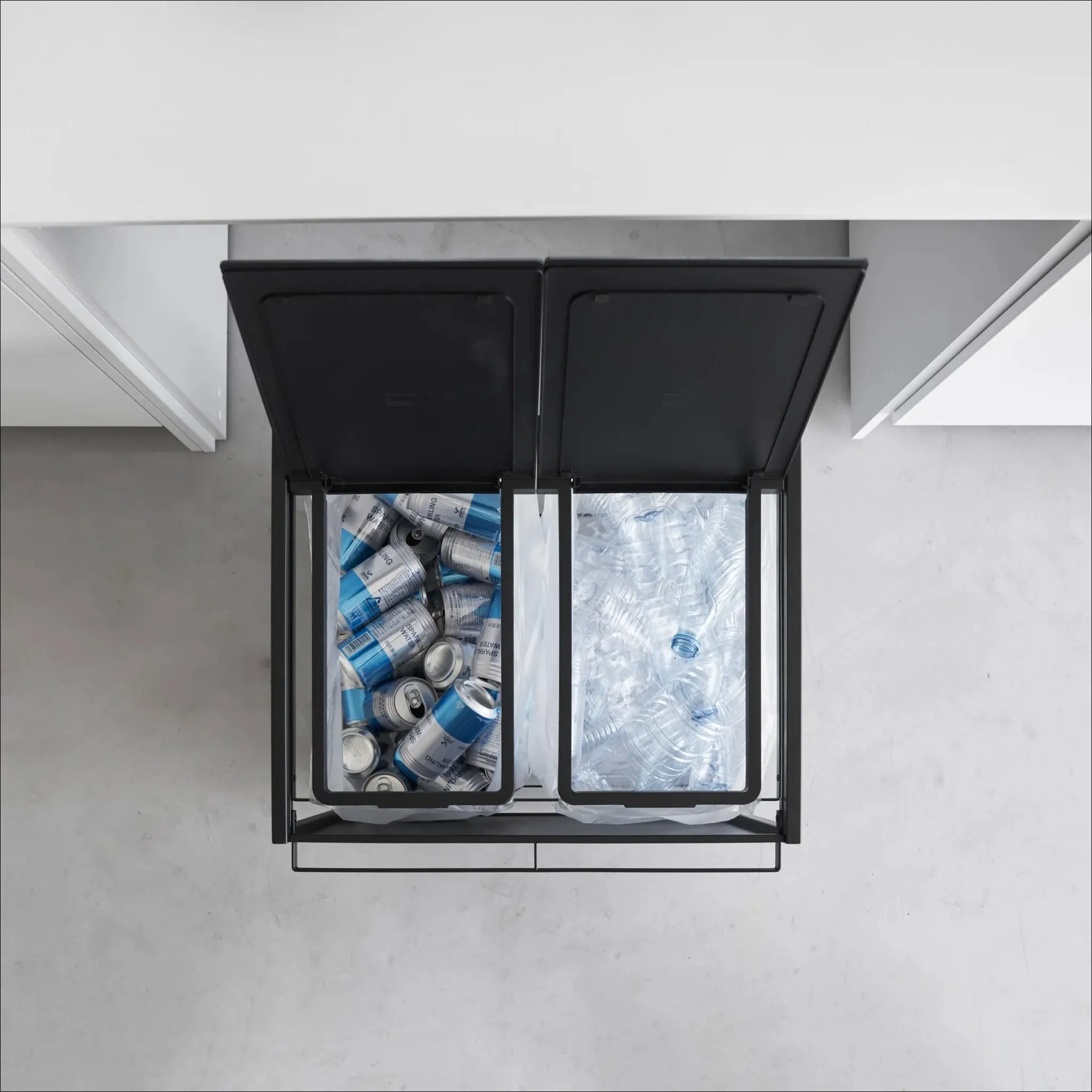 YAMAZAKI Tower 2 Compartment Rubbish/Recycling Bin w/Wheels, Black