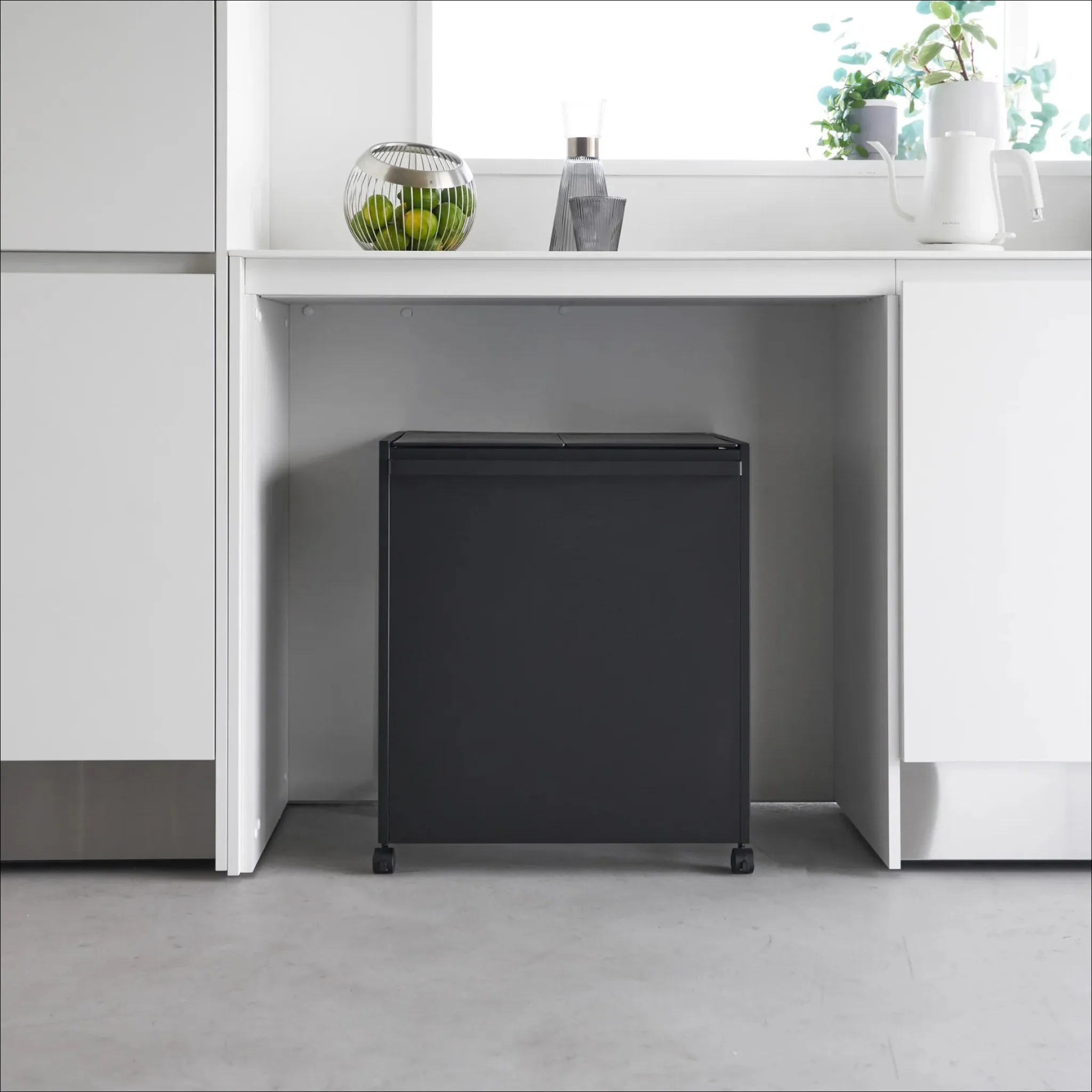 YAMAZAKI Tower 2 Compartment Rubbish/Recycling Bin w/Wheels, Black