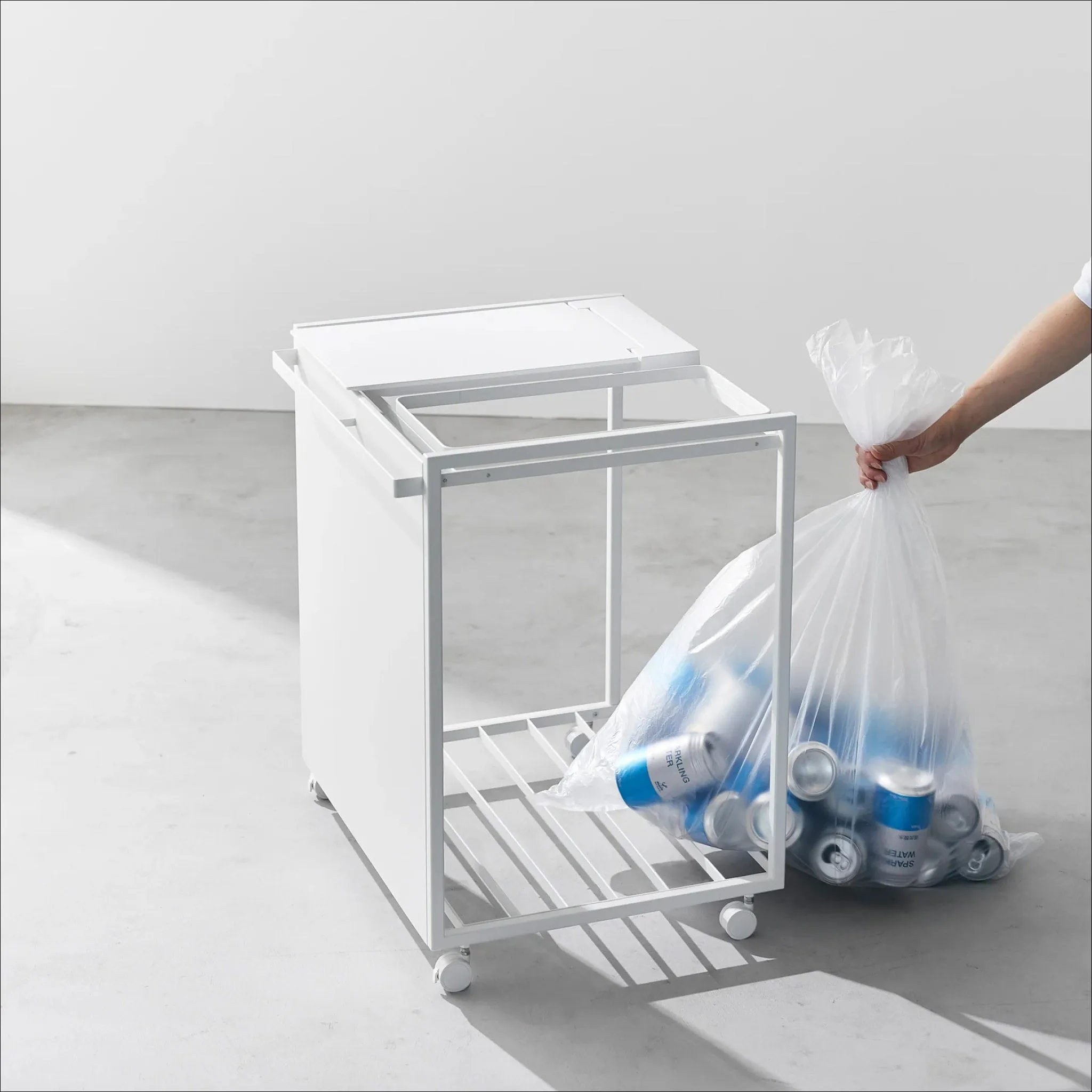 YAMAZAKI Tower 2 Compartment Rubbish/Recycling Bin w/Wheels, White